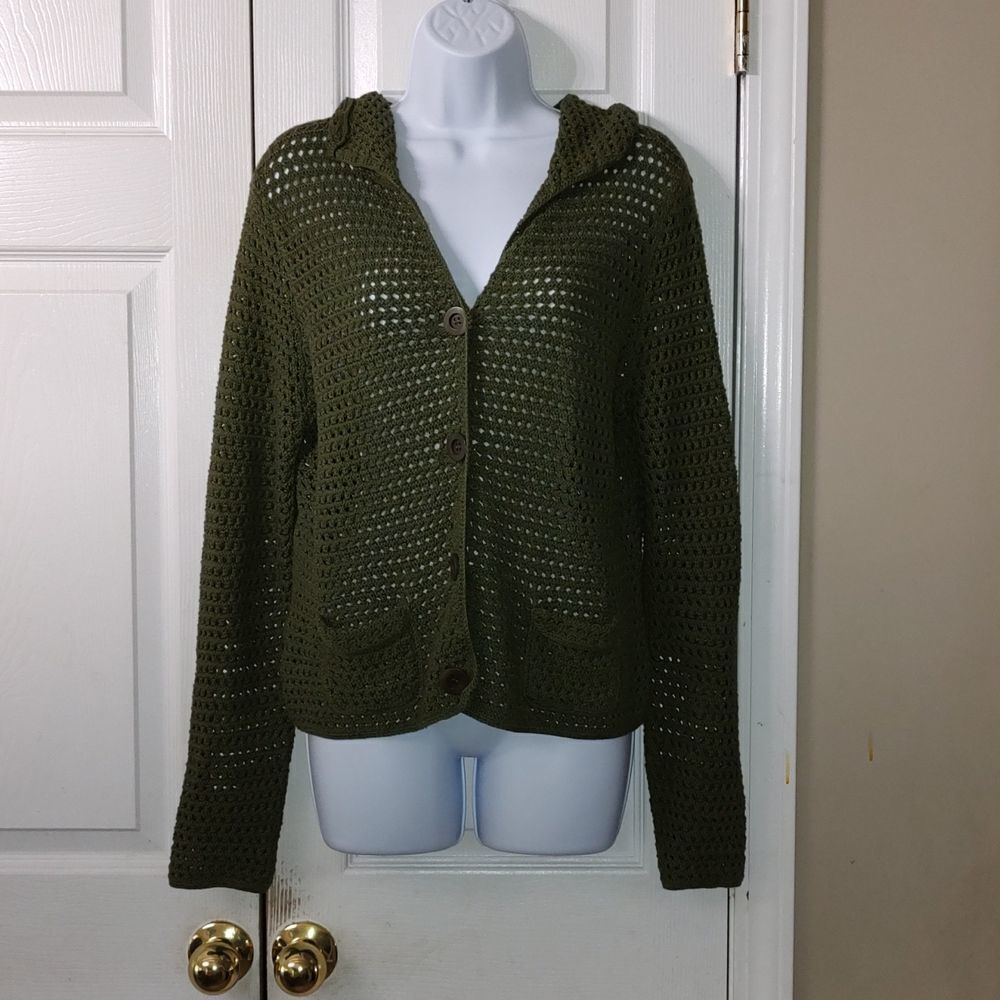 Army green crochet button front cardigan Sz L